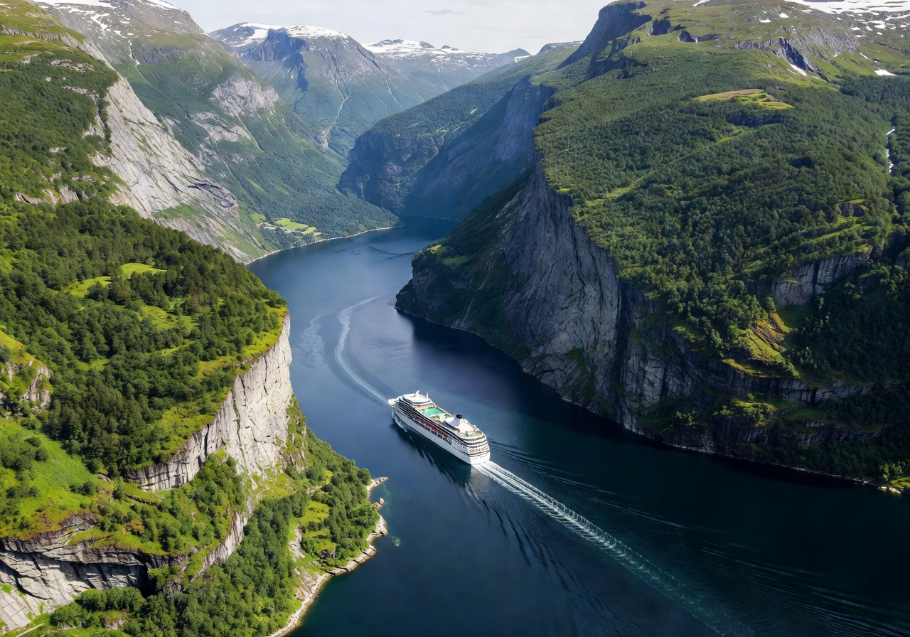 Aerial view of Geirangerfjord with cruise ship navigating between towering green cliffs