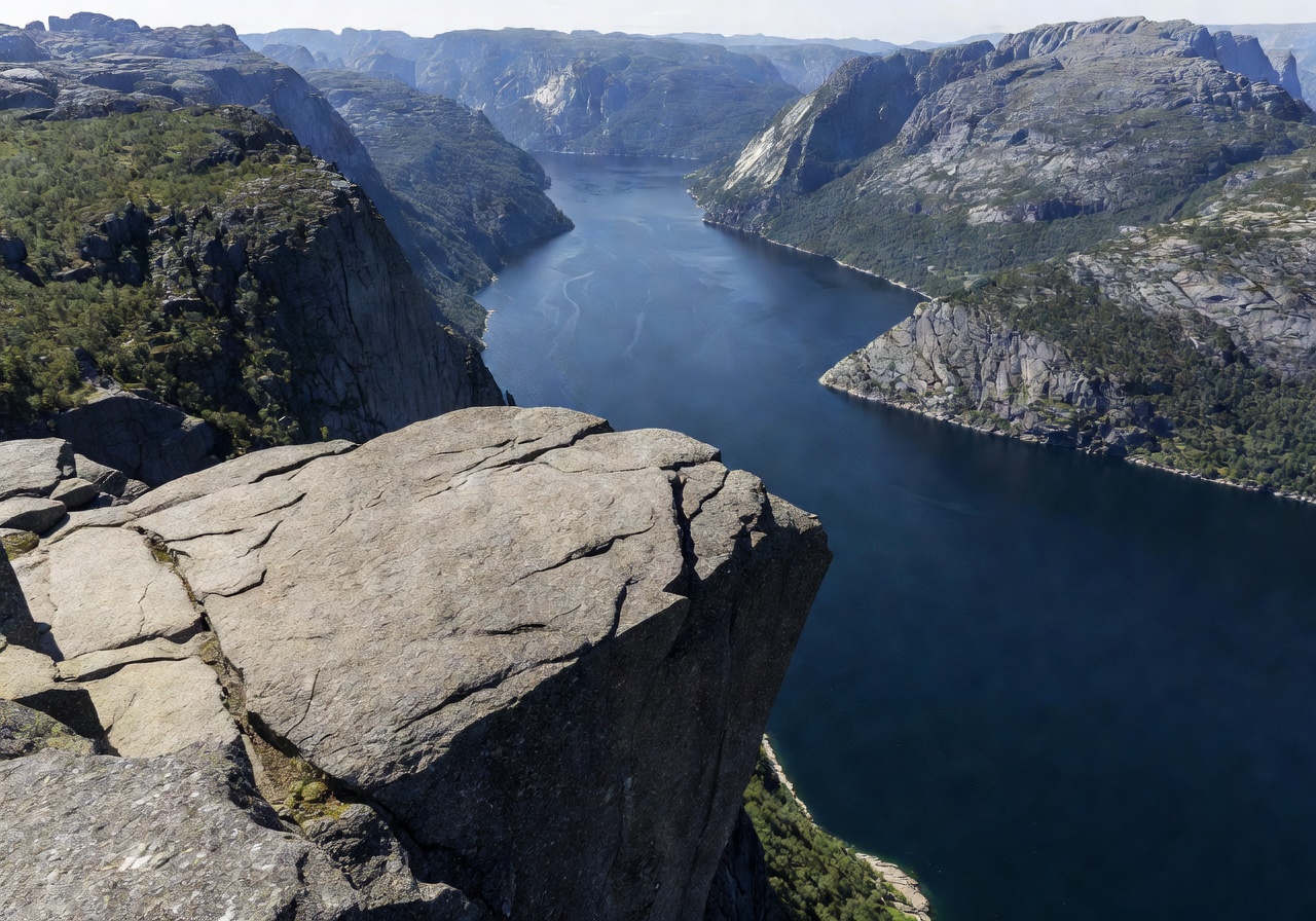 Aerial view of Preikestolen flat cliff platform with Lysefjord deep below