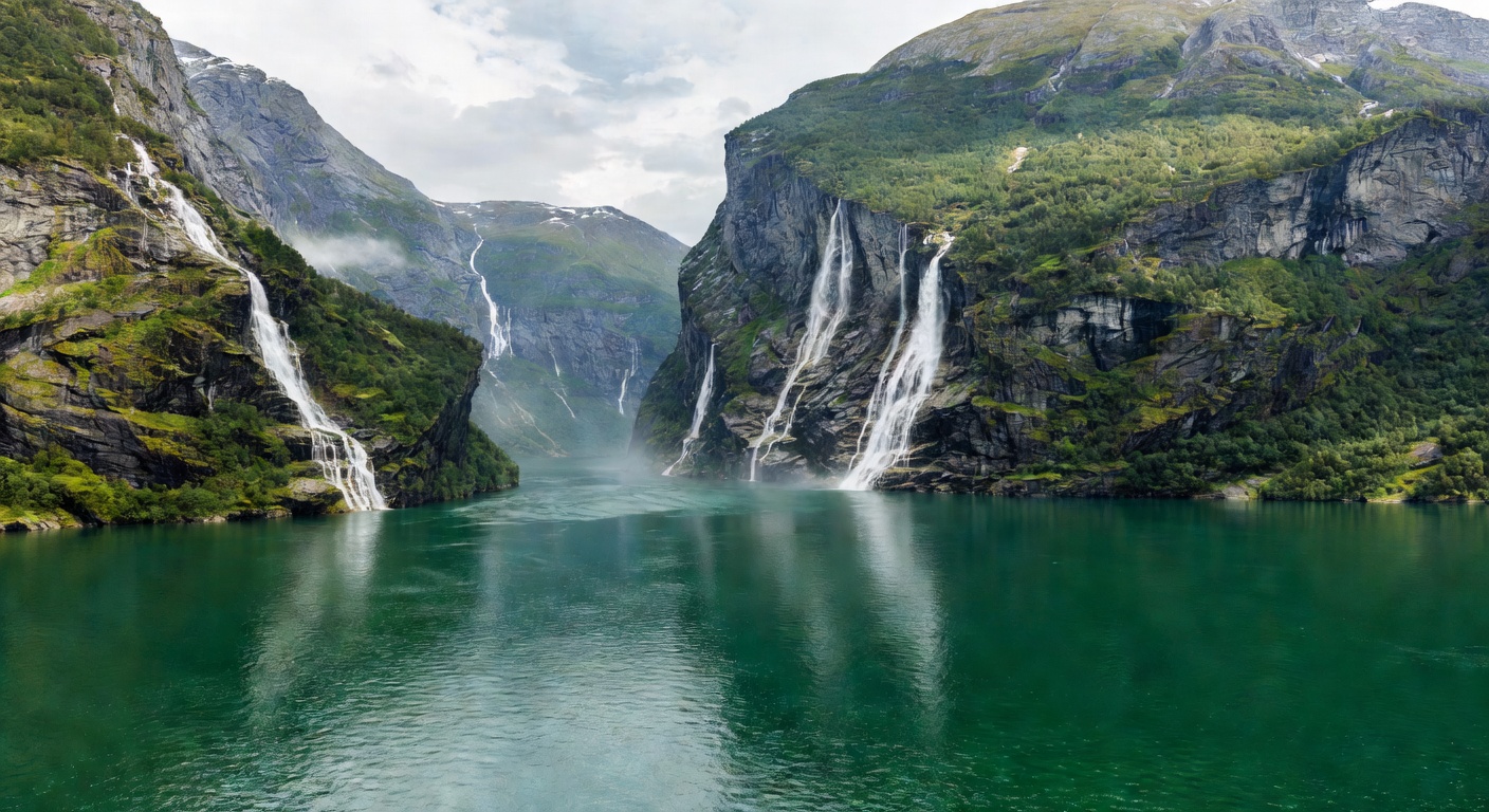 Geirangerfjord panoramic view showing deep emerald waters surrounded by steep cliffs and cascading waterfalls