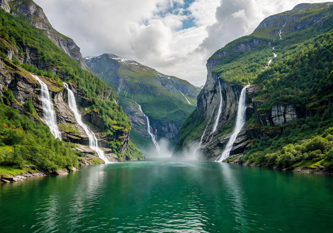 Geirangerfjord UNESCO World Heritage Site with emerald waters and cascading waterfalls surrounded by steep green mountains
