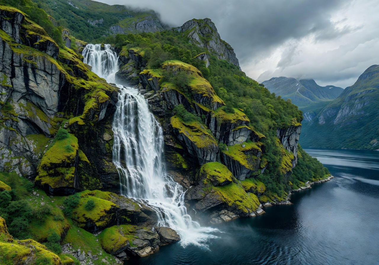 Geirangerfjord waterfall cascading down moss-covered cliff into the fjord
