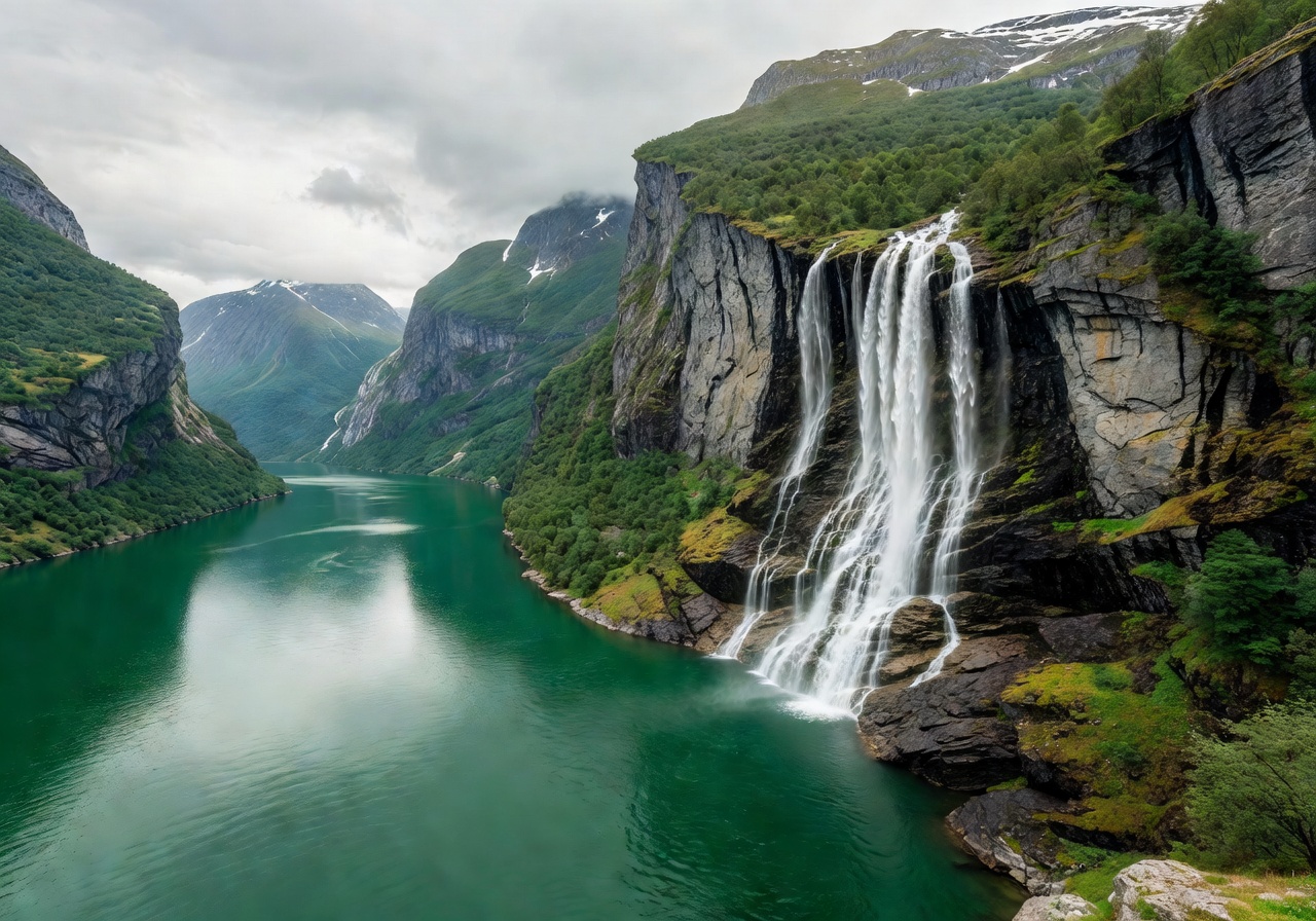 Geirangerfjord with emerald waters and cascading Seven Sisters waterfall