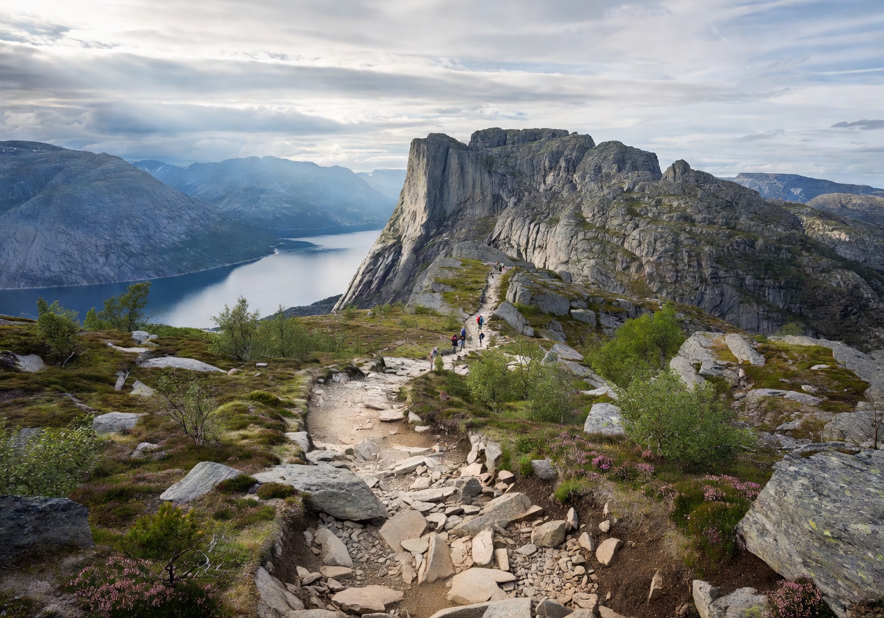 Hiking trail to Preikestolen through Norwegian mountain landscape