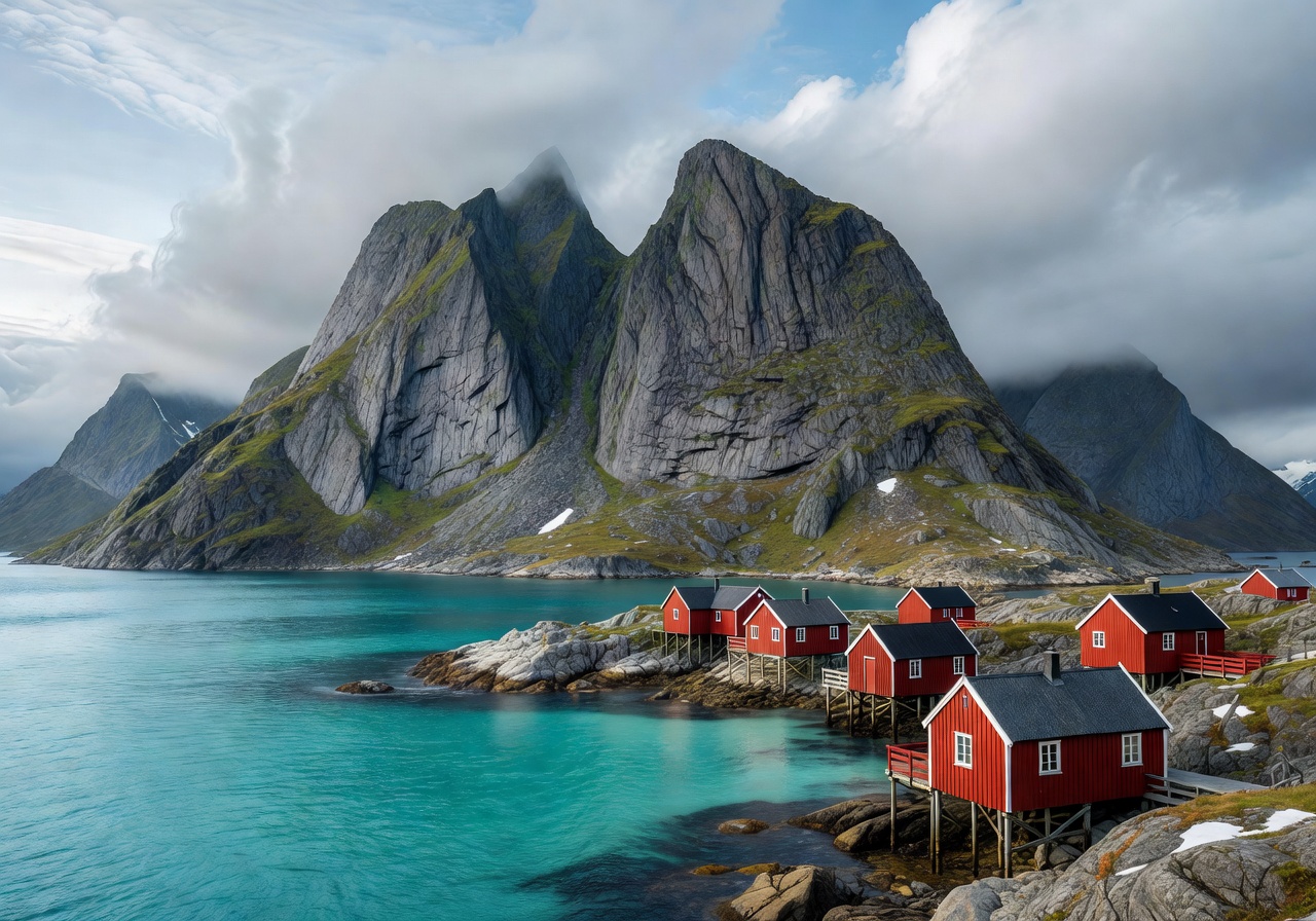 Lofoten Islands dramatic mountain peaks rising from turquoise Arctic waters with traditional red fishing cabins along the shore