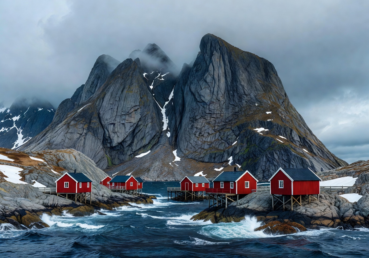 Lofoten Islands dramatic peaks rising from Arctic waters with red fishing cabins