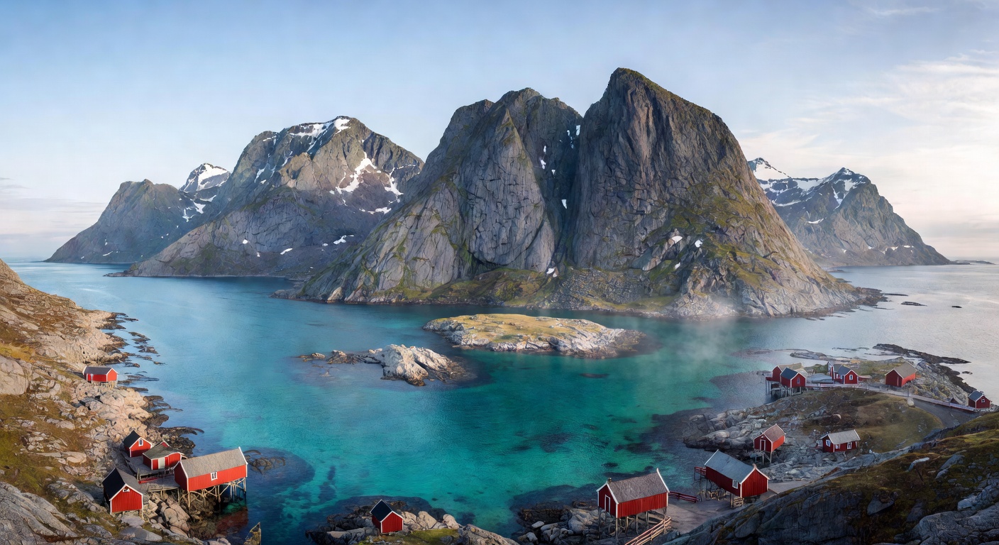 Lofoten Islands panoramic view showing dramatic mountain peaks rising from turquoise Arctic waters with red fishing huts