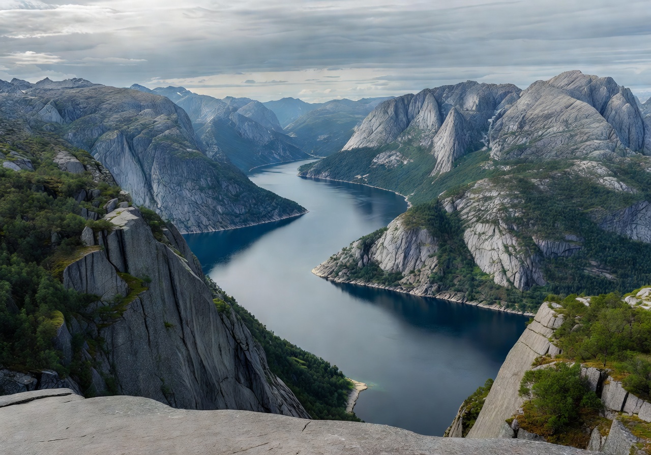 Lysefjord view from Preikestolen showing winding water between steep mountain walls