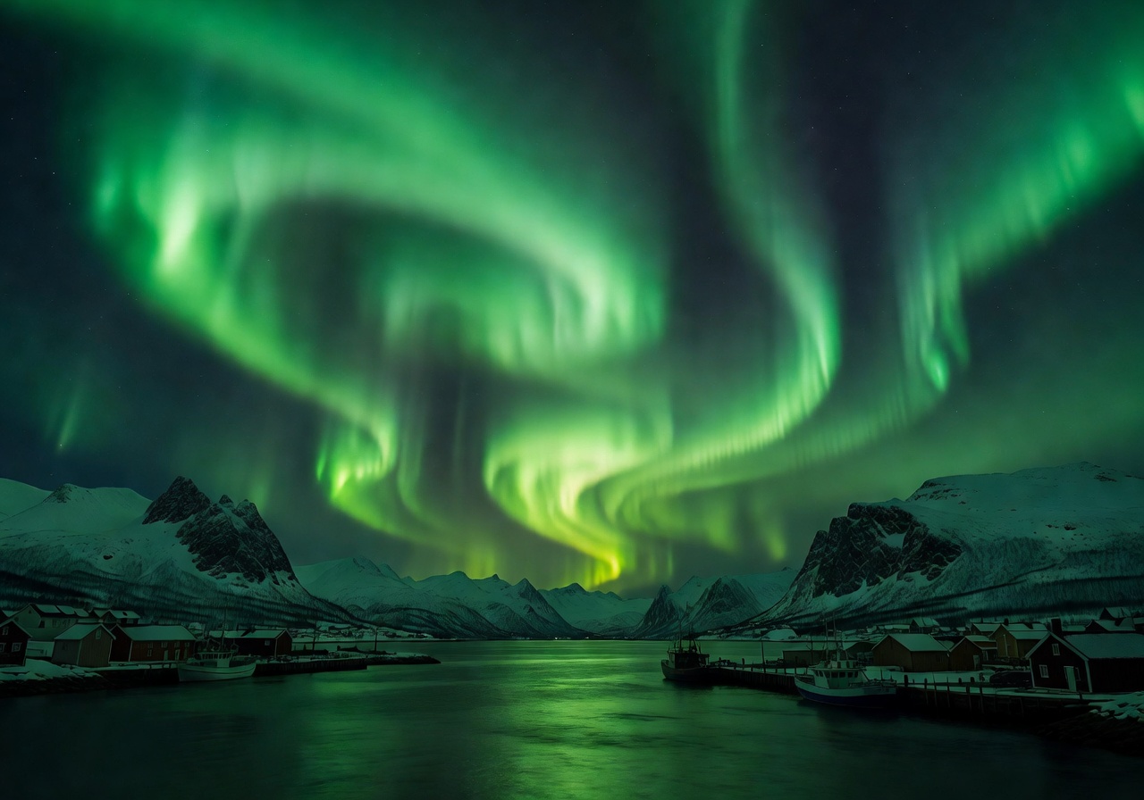 Northern Lights aurora borealis glowing green above Tromsø harbor and mountains