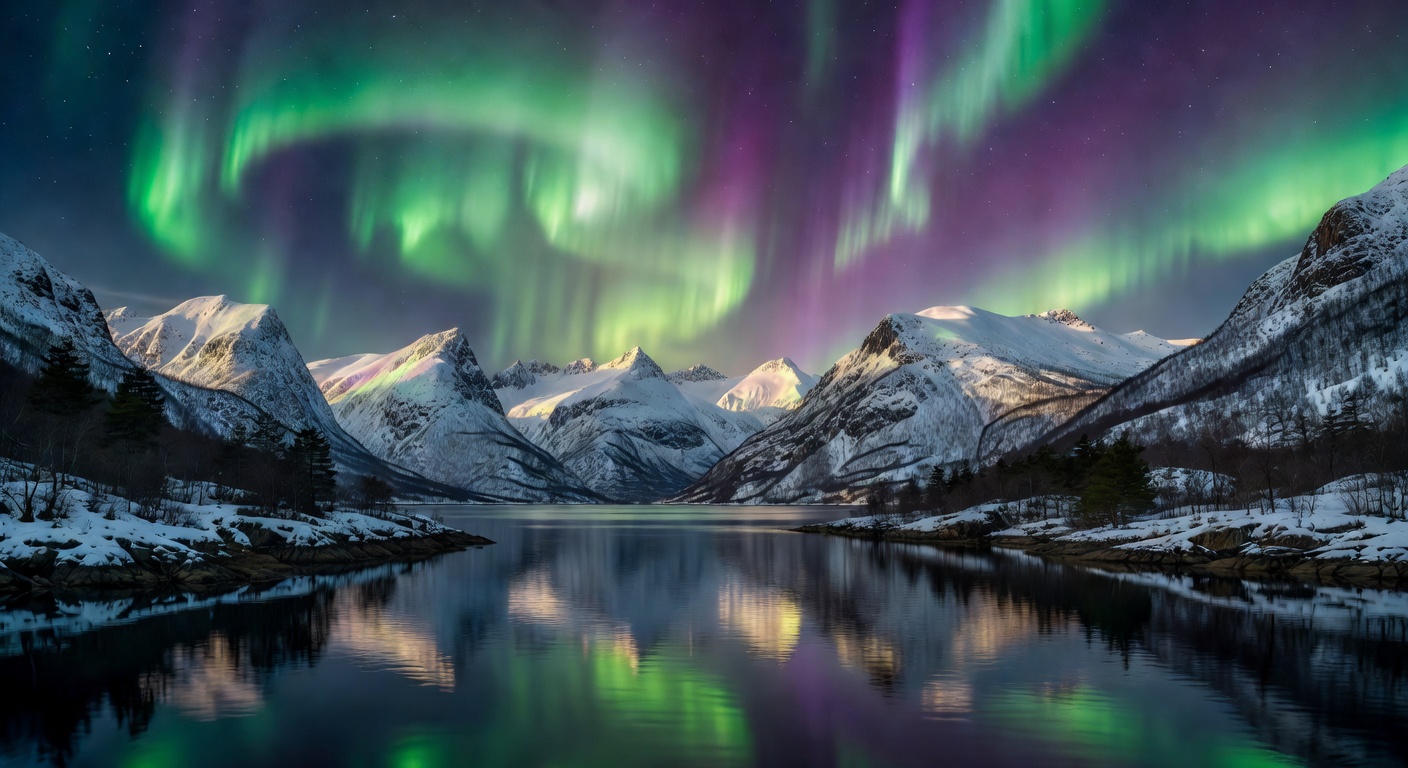 Northern lights dancing over Norwegian fjords with snow-capped mountains