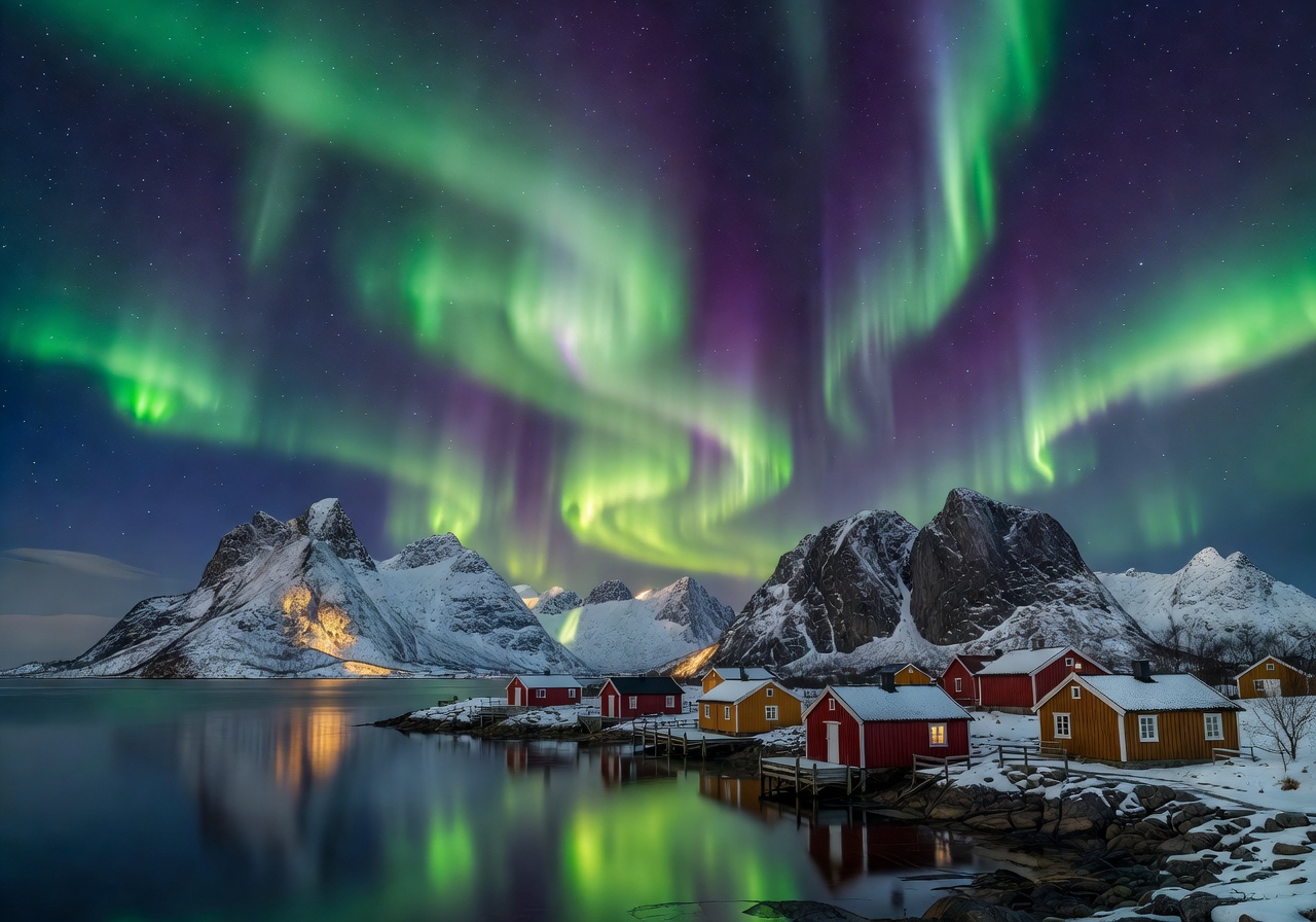 Northern Lights glowing green and purple above Lofoten mountain village at night