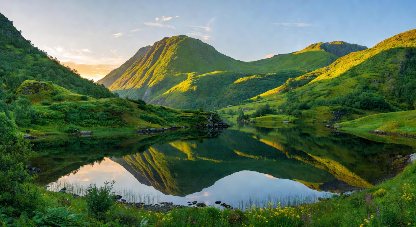 Norway summer landscape with lush green mountains reflecting in calm fjord waters under golden light