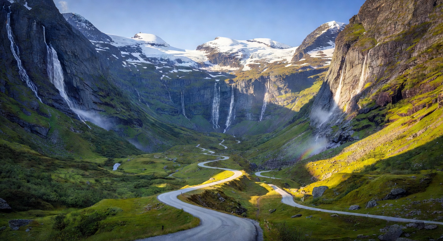 Norwegian mountain road winding through dramatic valley with waterfalls and snow-capped peaks ideal for travel planning