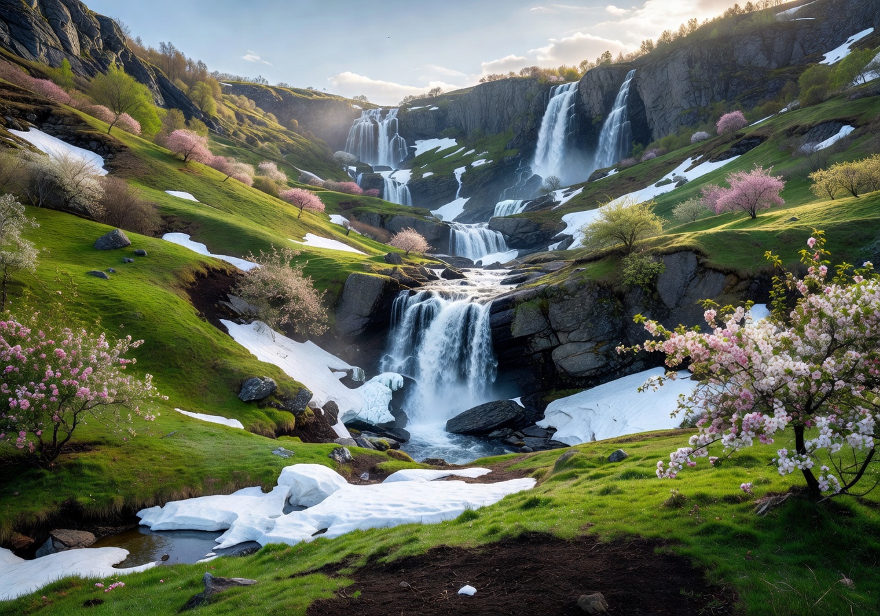 Norwegian spring with melting snow revealing green valleys with cascading waterfalls and blossoming fruit trees