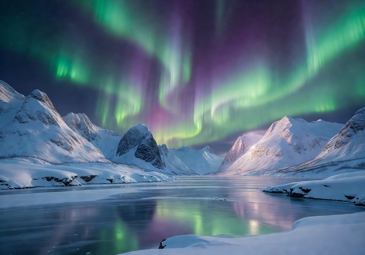 Snow-covered Tromsø landscape at twilight with mountains reflected in calm fjord waters