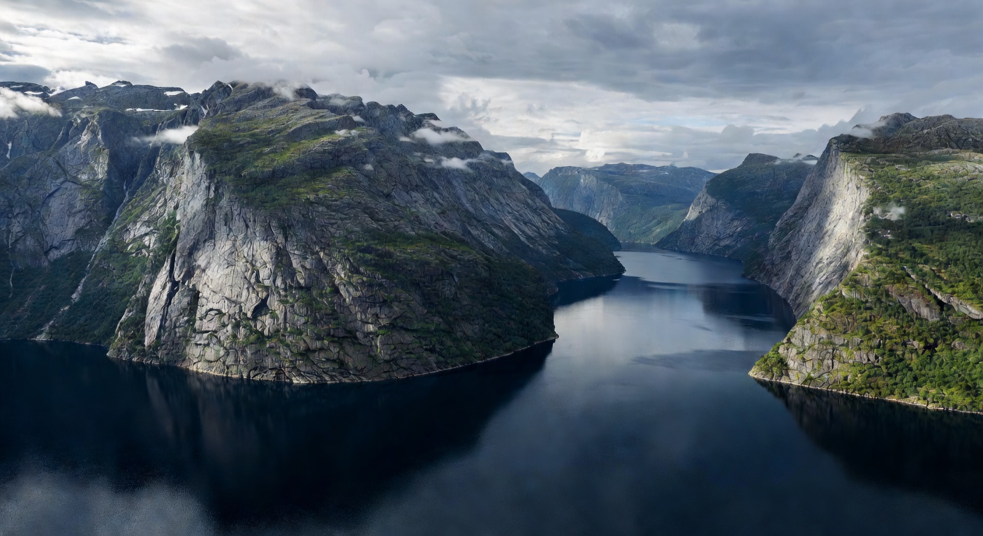 Panoramic view of Norway fjord landscape with dramatic cliffs and deep waters