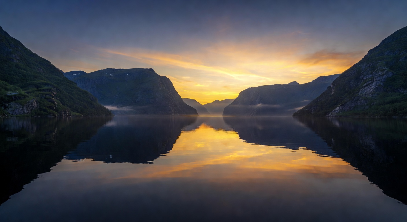 Peaceful Norwegian fjord at twilight with calm waters reflecting warm amber sky