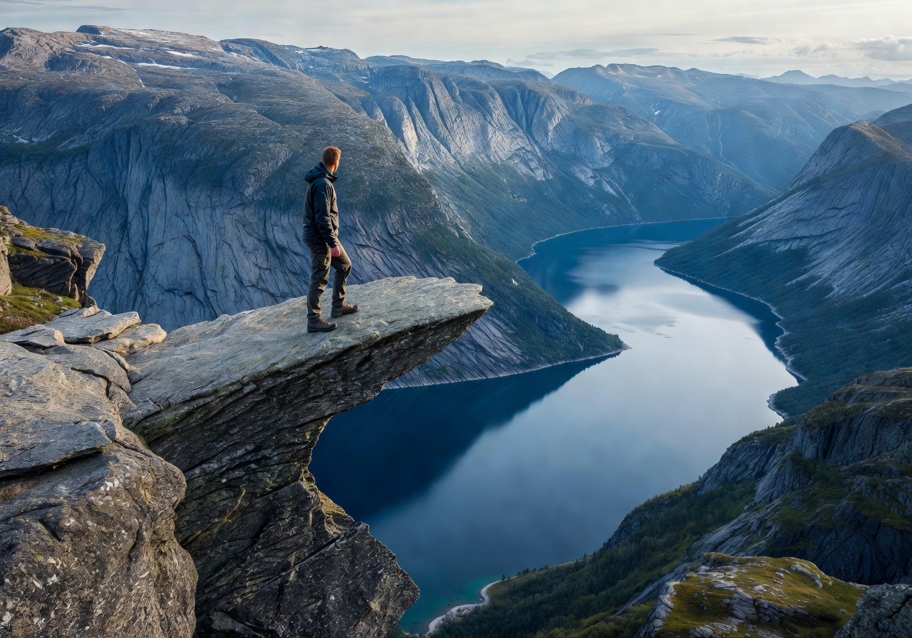 Person standing on Trolltunga cliff edge overlooking Ringedalsvatnet lake