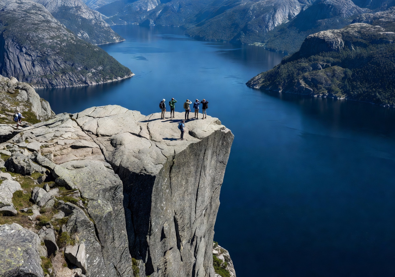 Preikestolen Pulpit Rock flat cliff edge overlooking the deep blue Lysefjord with hikers standing at the edge