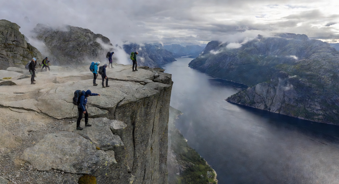 Preikestolen Pulpit Rock flat cliff edge with hikers overlooking the dramatic Lysefjord far below