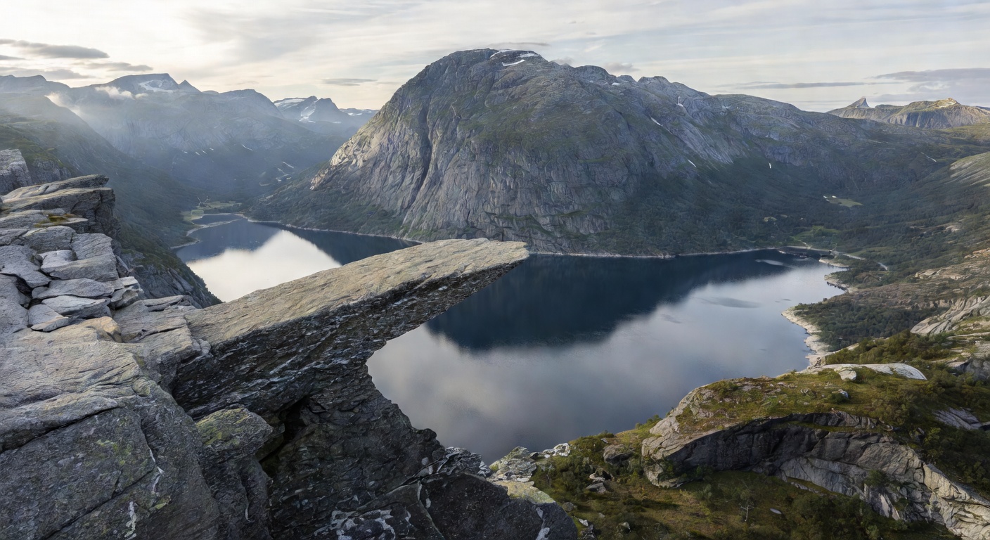 Trolltunga rock formation extending horizontally over Ringedalsvatnet lake with mountains in the background
