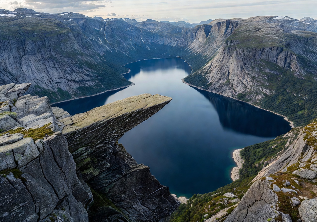 Trolltunga rock formation hovering over Ringedalsvatnet lake