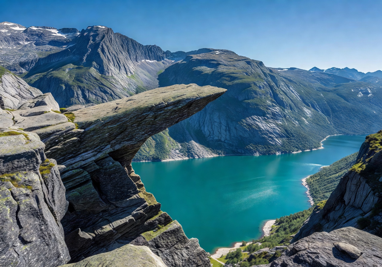 Trolltunga rock formation jutting out horizontally over the turquoise Ringedalsvatnet lake surrounded by Norwegian mountains
