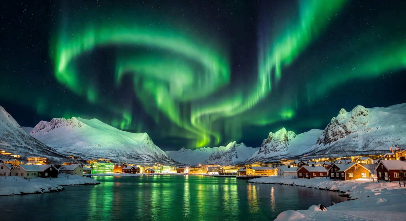 Tromsø Arctic city at night with vivid green Northern Lights aurora dancing above snow-covered mountains and harbor
