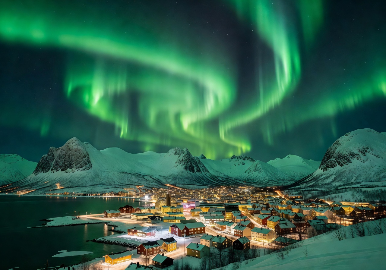 Tromsø Arctic city illuminated at night with Northern Lights aurora borealis glowing green above snow-covered mountains