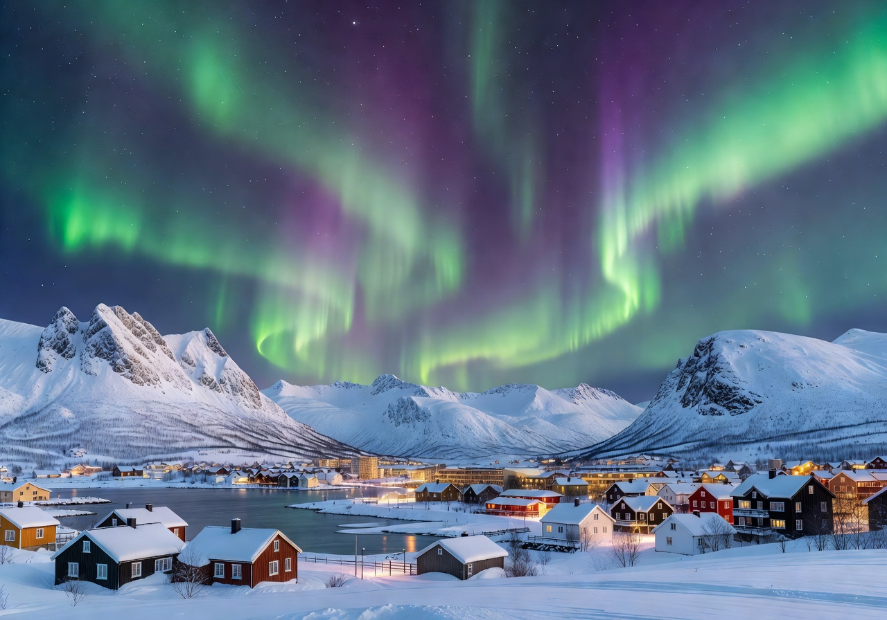 Tromsø city under Northern Lights aurora with snow-covered mountains