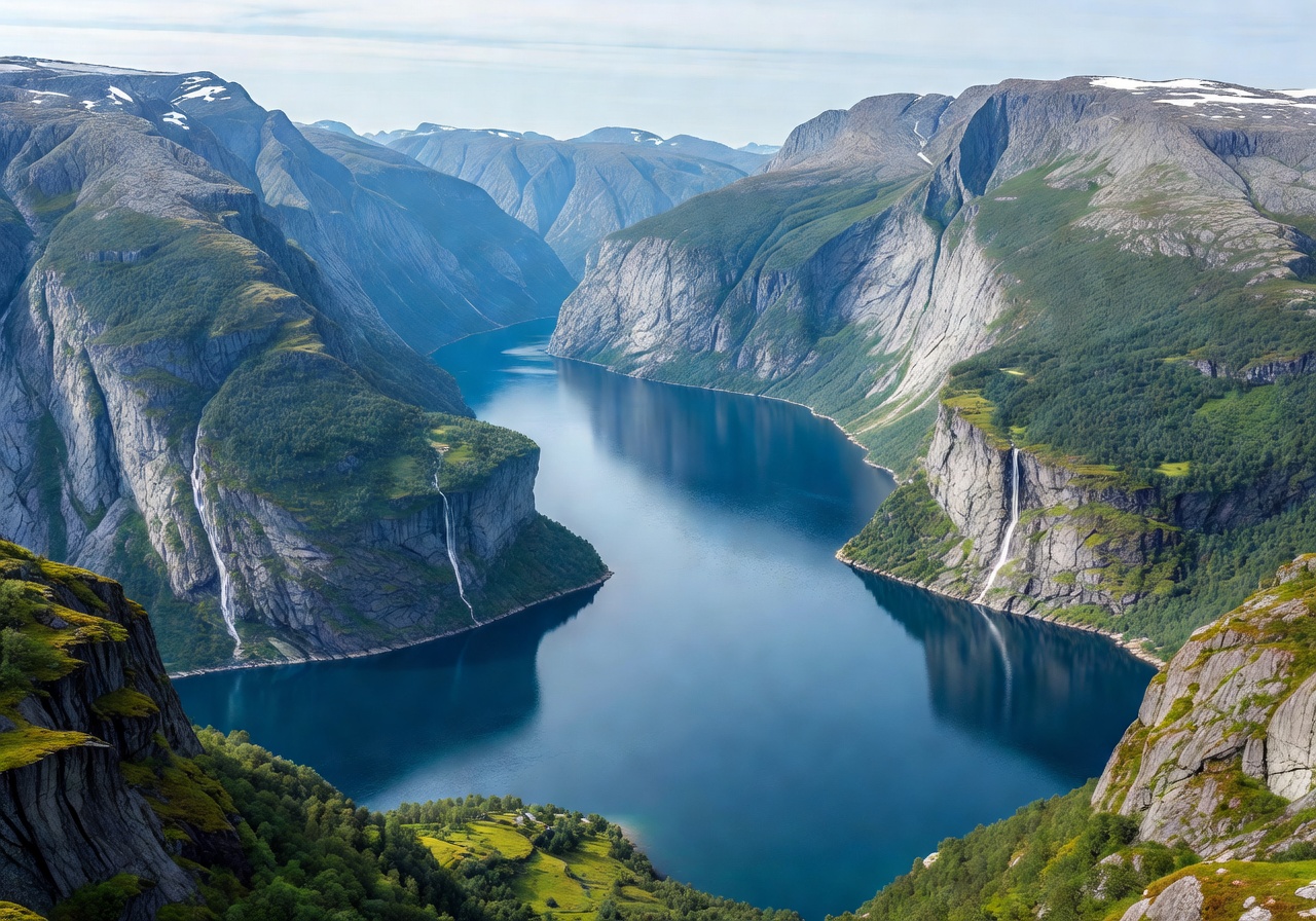 View from Eagle Road showing Geirangerfjord winding through mountains
