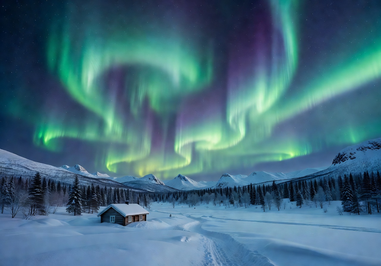 Vivid aurora borealis dancing across the Arctic sky above Norwegian winter landscape